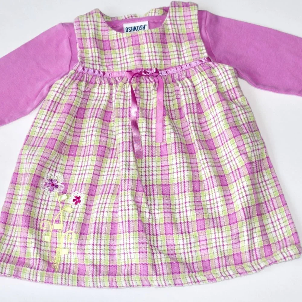 Oshkosh Purple and Lime Green Plaid 2 Piece Dress/Jumper - 18 Months